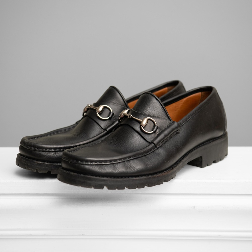 Gucci Mens 10.5 Black Leather Lug Sole Horsebit Loafer Old Money Luxury Designer